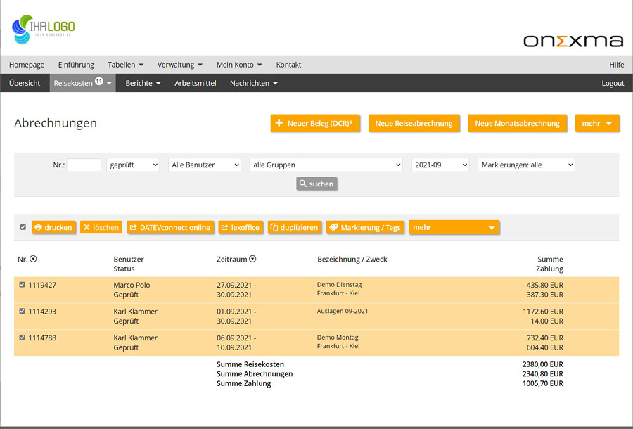 Onexma Reisekostenabrechnungen